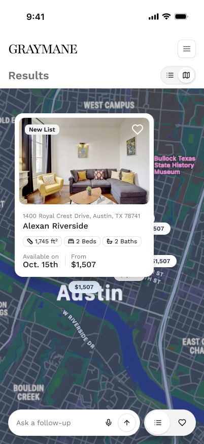Map view — price pins on dark map showing spatial cost distribution